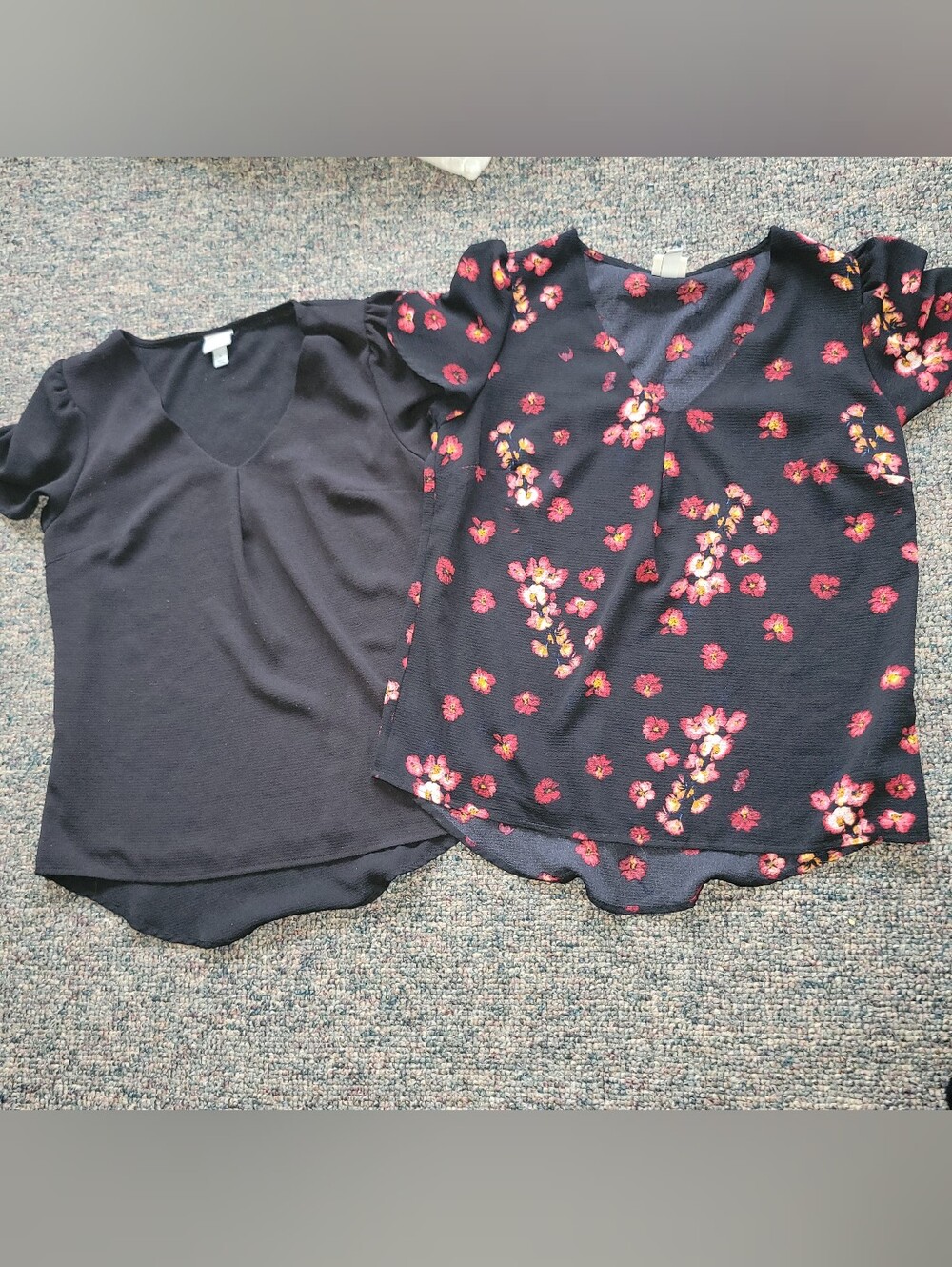 a new day Black Floral Puff-Sleeve Blouse with Pink and Yellow Accents And Black